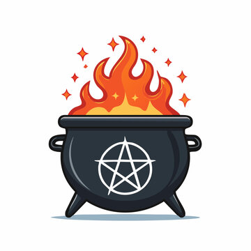 Witch's Cauldron with Pentagram and Flames