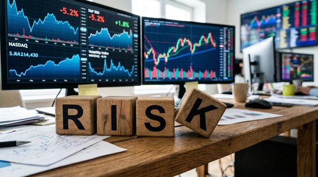 Risk blocks on wooden desk in front of multiple monitors displaying stock market graphs and trading data for financial investment risk assessment and market volatility conceptual use.