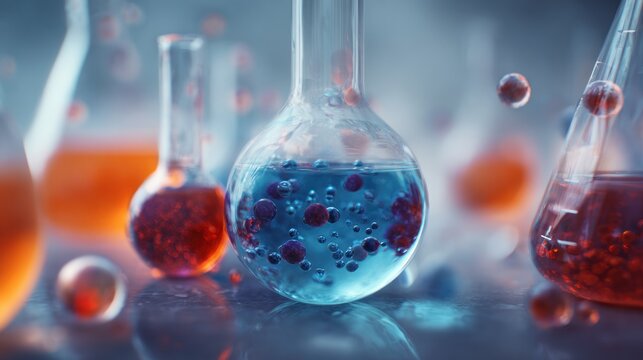 Laboratory glassware filled with vibrant solutions and floating particles imagery