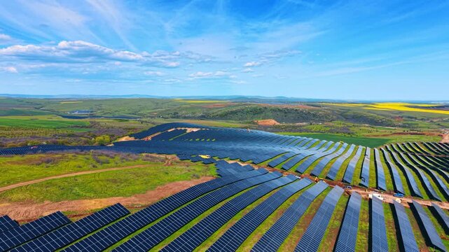 Curved rows of industrial solar panels on green rolling hills. Aerial view of solar panel rows curving along natural landscape contours under blue sky.