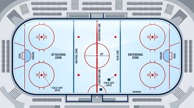 Overview of an ice hockey rink showing player zones, center red line, face-off spots, and goal creases
