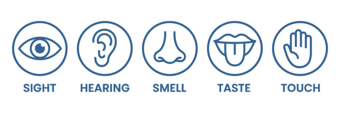 Five human senses icon set with editable stroke outline featuring ear, eye, nose, lips, and hand symbols.