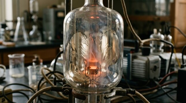 Medium shot focusing on the dramatic moment of silver mirror formation inside the tube highlighting the glowing residue and intricate patterns left after the getter firing process.