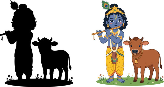 Krishna playing flute with cow, happy janmashtami indian festival drawing.
