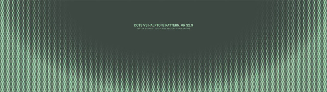 Halftone dots grid pattern rise semicircle arc border ultra wide 32:9 aspect ratio sage green vector abstract background. Half tone graphic hi-tech conceptual style ultrawide layout for presentations