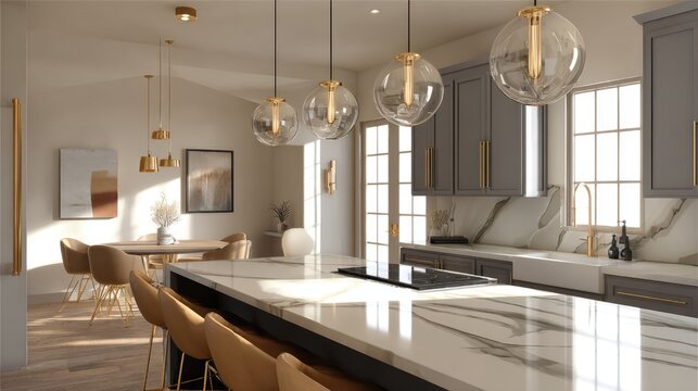 Elegant modern kitchen interior with marble countertop, pendant