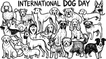 International Dog Day Celebration with Diverse Dog Breeds in Black and White Line Art Illustration, perfect for Pet Awareness and Animal Love Themes © torabutterfly