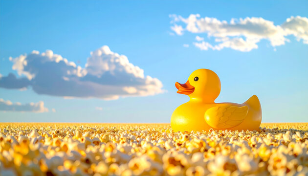 Giant yellow rubber duck toy peacefully floating on a vast sea of golden popcorn kernels under a clear blue sky with fluffy clouds.