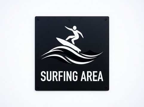 Surfing area sign with surfer and wave symbol on white background, suitable for beaches, coastal tourism, and water sports signage.
