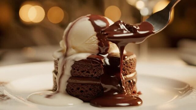 Decadent chocolate lava cake with vanilla ice cream and sauce
