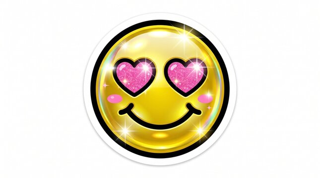 Cute Y2K style smiley face sticker with pink glitter heart eyes, shiny gold glossy emoji with sparkles, playful romantic emoticon icon isolated on white background