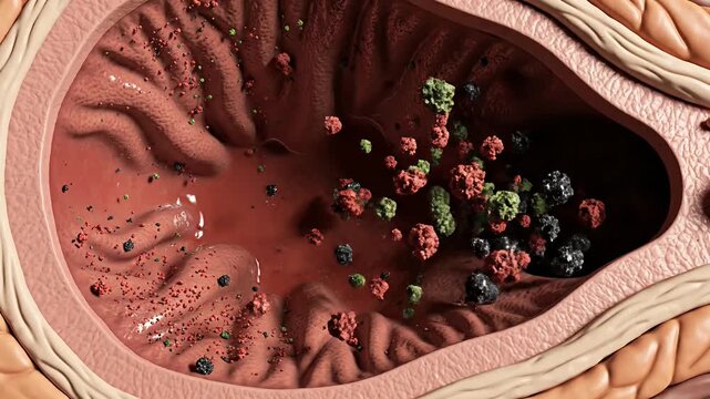 Anatomical illustration of interior body section with particles