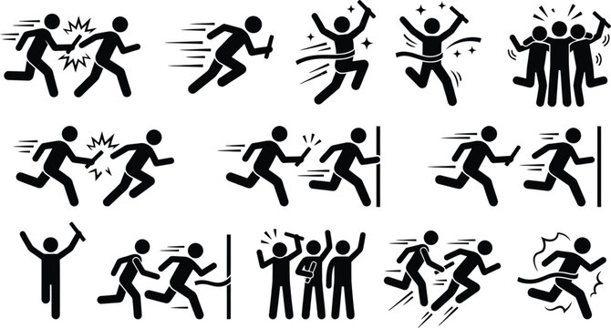 Set of black and white icons showing runners in relay races, passing baton and celebrating victory.