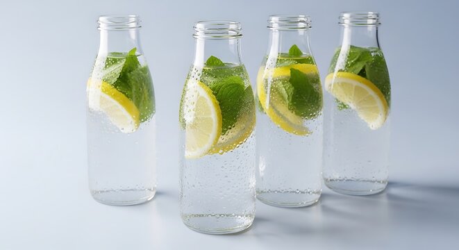 Four glass bottles of homemade lemonade with mint and lemon slices