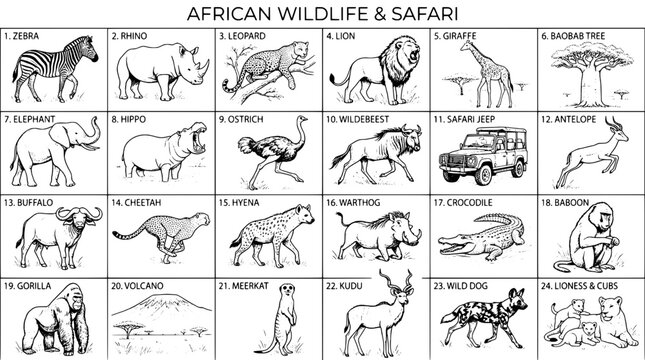 African wildlife and safari set with zebra, rhino, leopard, lion, giraffe, and more featuring elephant, hippo, ostrich with wildebeest and antelope