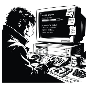 Retro Software Developer Working on System Update and Code Compilation on Vintage Computer Vector Illustration