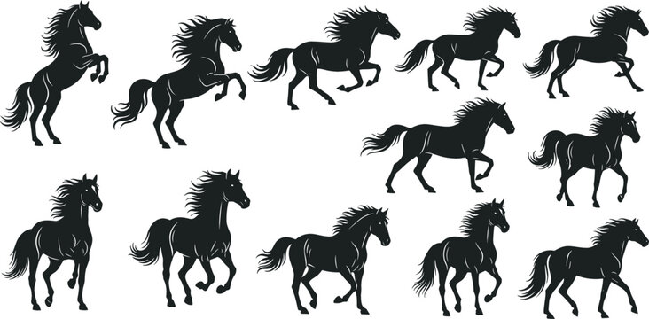 Running Horse Silhouette Vector Icon Set with Wild Stallion Galloping and Rearing Poses for Graphic Designs