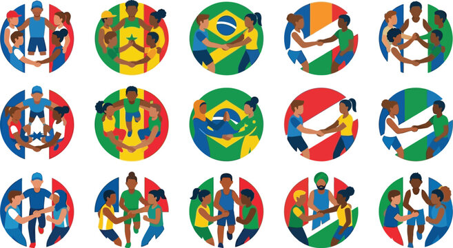 Global unity sports circles with diverse athletes shaking hands and holding flags.