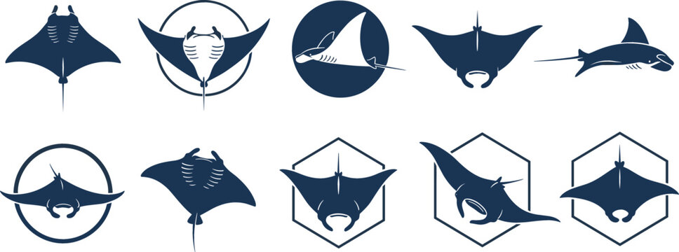 Manta Ray Silhouette Logo Vector Icon Set with Marine Stingray Marine Animals for Ocean Diving Emblem Designs