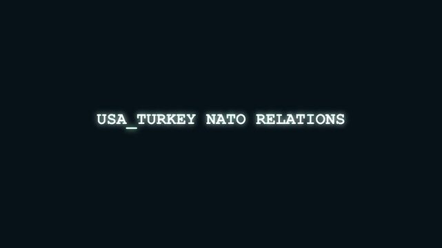 USA Turkey NATO relations glowing cyan text animation with digital hacking glitch and cybernetic data scramble on dark background for geopolitical alliance news broadcast
