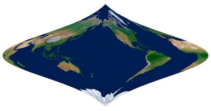 World Map. Foucaut stereographic projection animation. High-detail physical Earth map. Longitude rotation view.