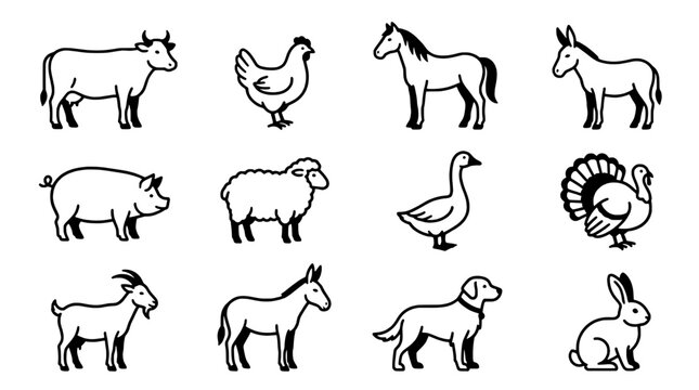 Animals farm set with black and white line drawings including cow, chicken, horse, donkey, pig, sheep, goose, turkey, goat, mule, dog, and rabbit