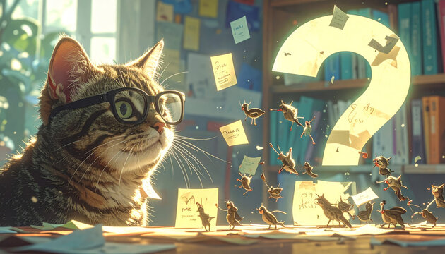 Intelligent cat with glasses contemplating flying birds and sticky notes in a study.
