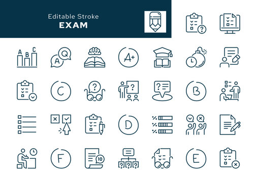 Exam outline icons set. Examination, test, training, assessment, study, knowledge and skills testing, test work, final testing and more. Line icon in linear style. Vector collection	