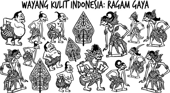 Indonesian Culture Wayang Kulit Shadow Puppets: Traditional Ragam Gaya Characters and Gunungan in Black and White Line Art