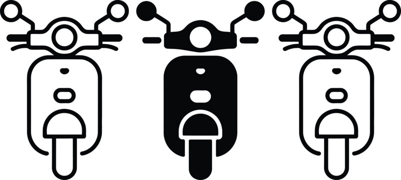 Three distinct scooter designs viewed from the front perspective in black and white