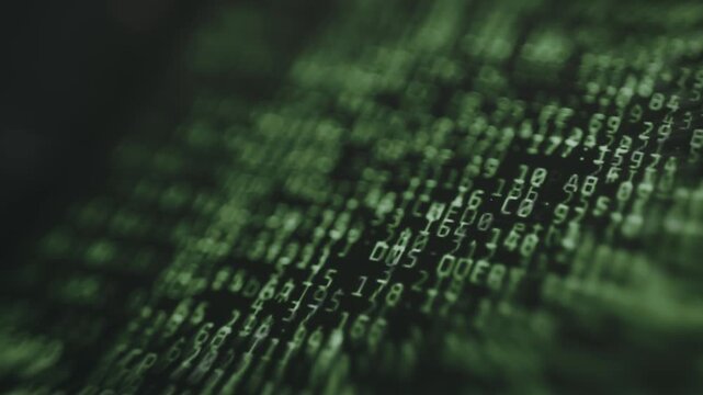 Visual representation of computer code, hexadecimal code displayed in green text on a dark background