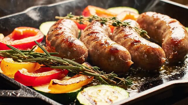 Sizzling sausages cooking with bell peppers and zucchini in a hot cast iron skillet with fresh herbs and smoke