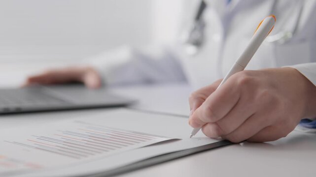 Doctor or healthcare worker is filling out paperwork, analyzing data charts at desk, emphasizing importance accurate medical records. Scene highlights digital workflow integration in healthcare
