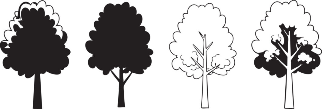 Four stylized trees with different shading effects