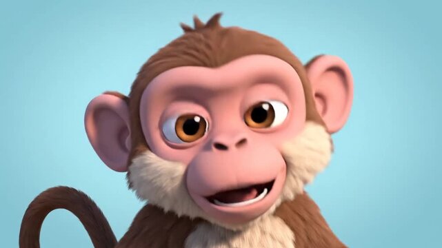 Adorable cartoon monkey with big expressive eyes and a playful smile against a soft blue background
