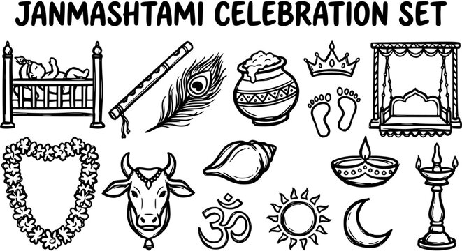 Janmashtami Celebration Set. Black and White Line Art Doodle Icons of Hindu Festival Elements: Lord Krishna Symbols.
