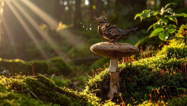 Intricate steampunk clockwork bird singing musical notes atop a giant mushroom in a sun-dappled forest.