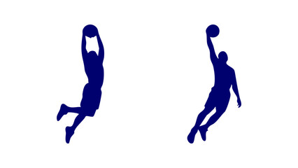 Basketball slam dunk silhouette set, Blue basketball player dunk vectors, Jumping basketball players silhouette pack, Professional basketball dunking athlete icons © Dream Graphics