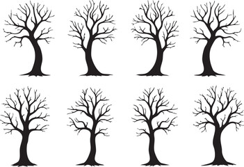 Obraz premium Set of four seasons trees silhouettes vector illustration of oak and forest trees showing spring summer autumn winter nature leaves and branches