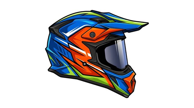 Bright off-road motocross dirt bike helmet with dynamic blue orange and green graphics and visor vector illustration.