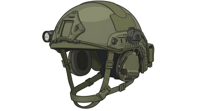 Olive green tactical military combat helmet equipped with communication headset flashlight and accessory rails vector illustration.