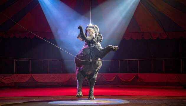 Majestic elephant performing a daring tightrope walk in a brightly lit circus arena, showcasing incredible balance and skill for an amazed audience.