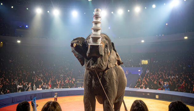 Majestic elephant skillfully balancing a tall stack of delicate teacups on its trunk in a vibrant circus performance
