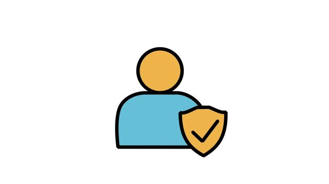 Animated icon of a personal employee avatar profile with a protective shield, representing identity verification, secured human resource profile, user privacy.
