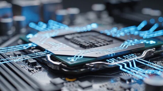 Close-up of a CPU processor installed on a computer motherboard, microchip technology