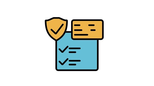 Animated icon of a checklist clipboard with a security shield, representing professional compliance check, quality verification process, or safety audit reporting.