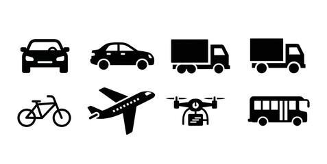 Fototapeta premium Transportation Icons: Car, Truck, Bus, Airplane, Drone, Bicycle, Vector Set