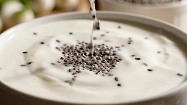 A spoon pouring chia seeds into a bowl of creamy white yogurt on a table