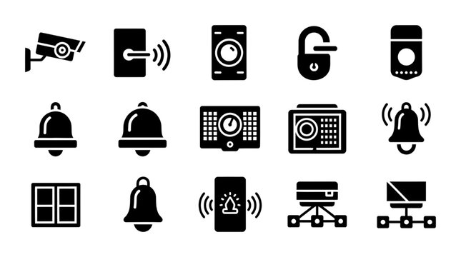 Security System Icons: Surveillance Camera, Smart Lock, Alarm Bell, Network Devices