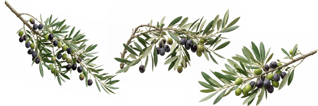 Olive tree branches with ripe black olives isolated on white, Mediterranean botanical clipart set for packaging, branding, invitations, natural organic food design

